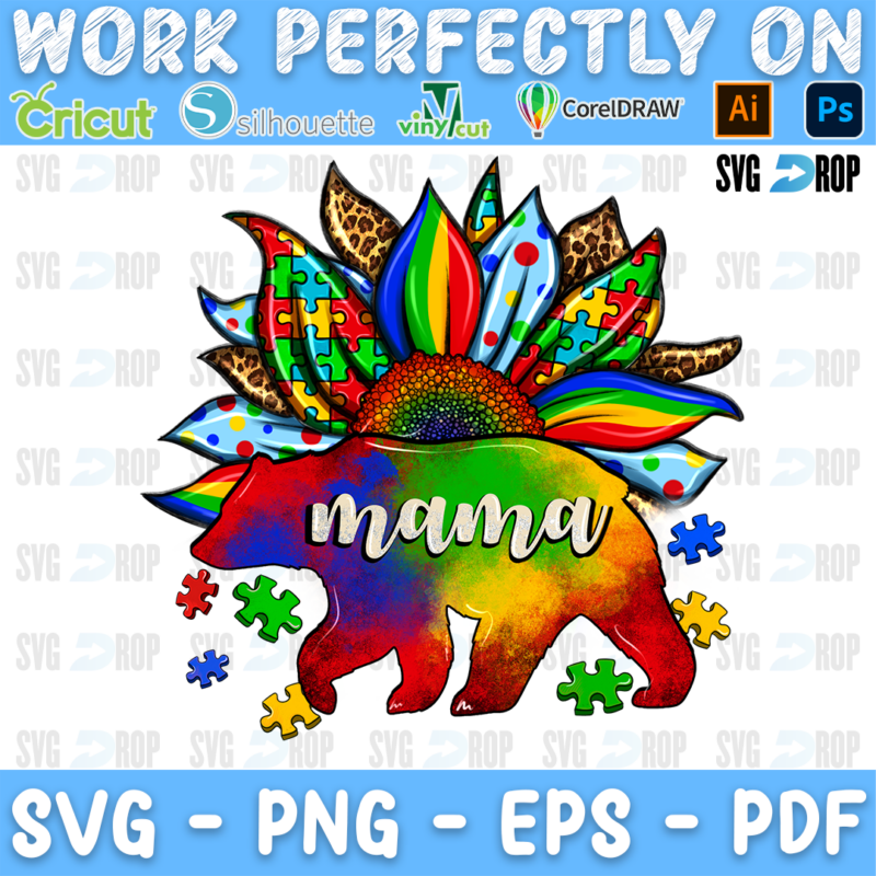 A rainbow bear silhouette with Mama script under a rainbow puzzle piece sunflower. Sublimation PNG