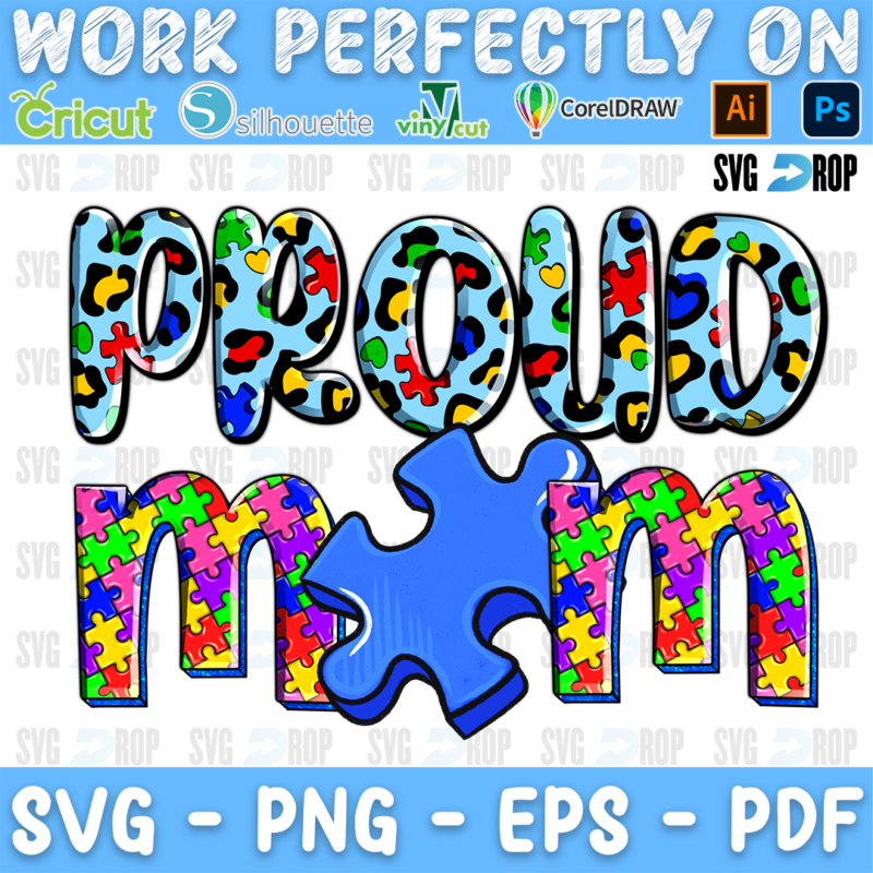 Proud Mom lettering in blue leopard and puzzle letters with a blue puzzle piece. Sublimation PNG