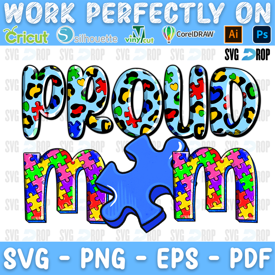 Proud Mom lettering in blue leopard and puzzle letters with a blue puzzle piece. Sublimation PNG