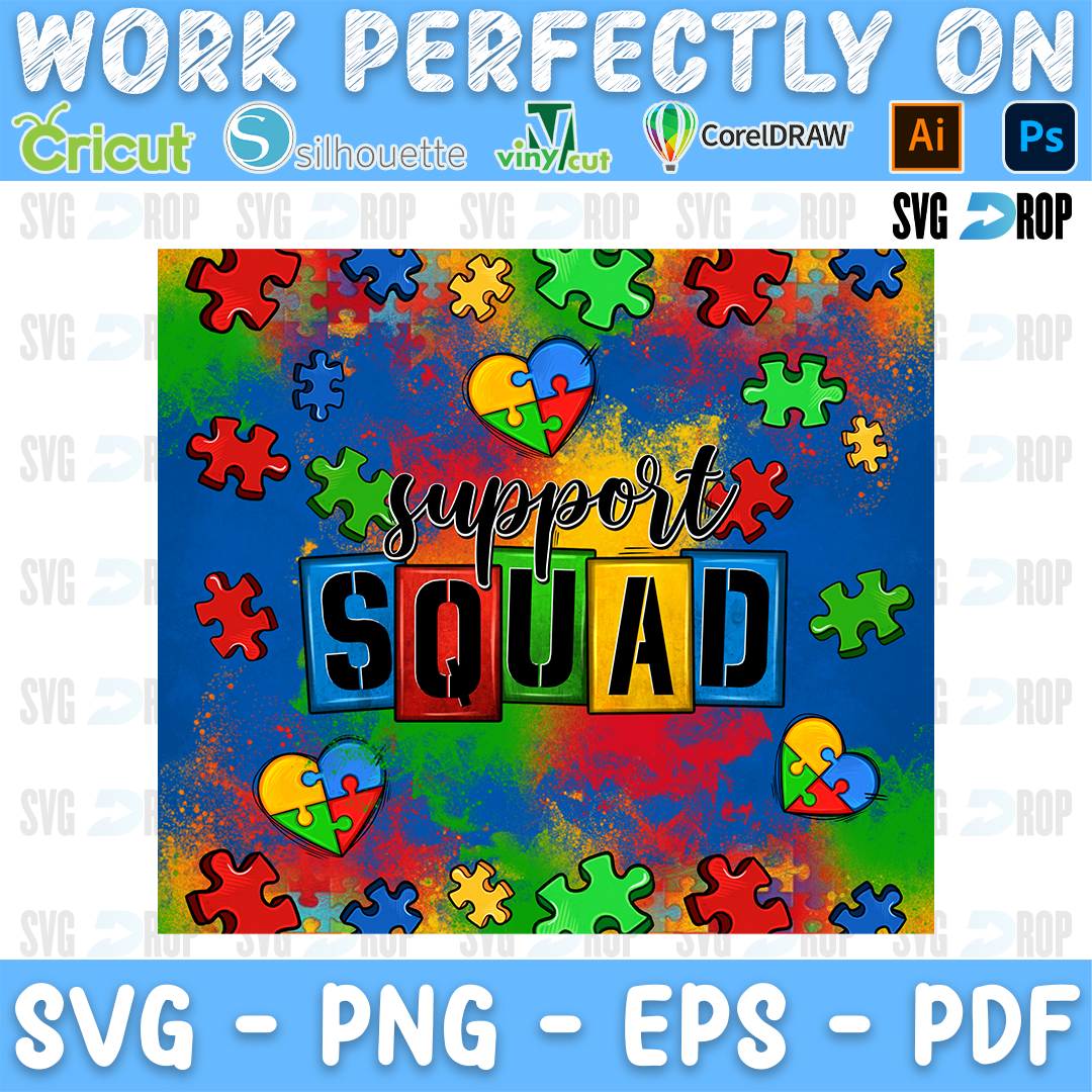 Support Squad lettering in puzzle letters with puzzle pieces and puzzle hearts on a blue and rainbow splash. Sublimation PNG