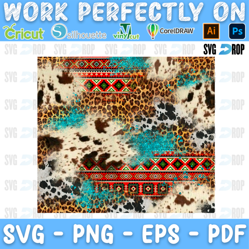 Cowhide with turquoise and red Aztec pattern patches. Sublimation PNG