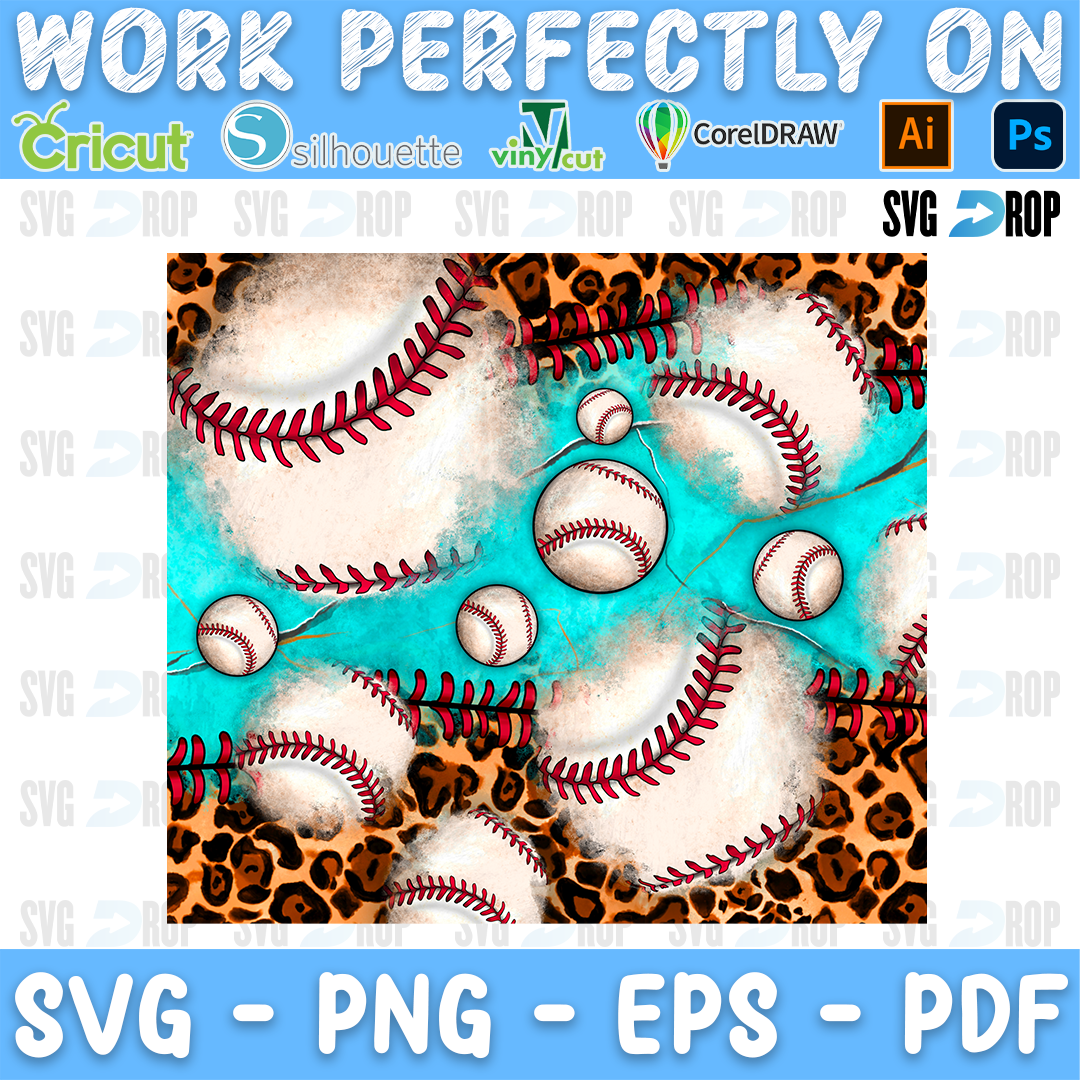 Baseballs on leopard print with turquoise patches. Sublimation PNG