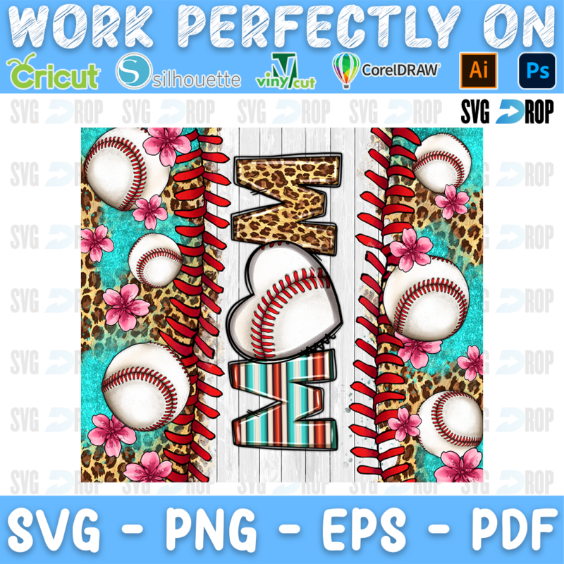 A Baseball Mom wrap design: MOM running vertically with a baseball heart as the O, baseballs, red stitches, pink flowers, leopard. Sublimation PNG