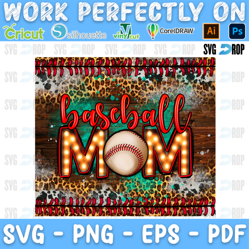 A Baseball Mom design: red script baseball lettering and MOM in marquee light letters with a baseball O, on dark wood with leopard. Sublimation PNG