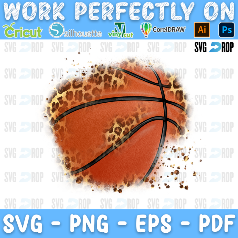 A basketball leopard patch design: a wide basketball shape with leopard print patches and brown splatters spreading out to the sides. Sublimation PNG