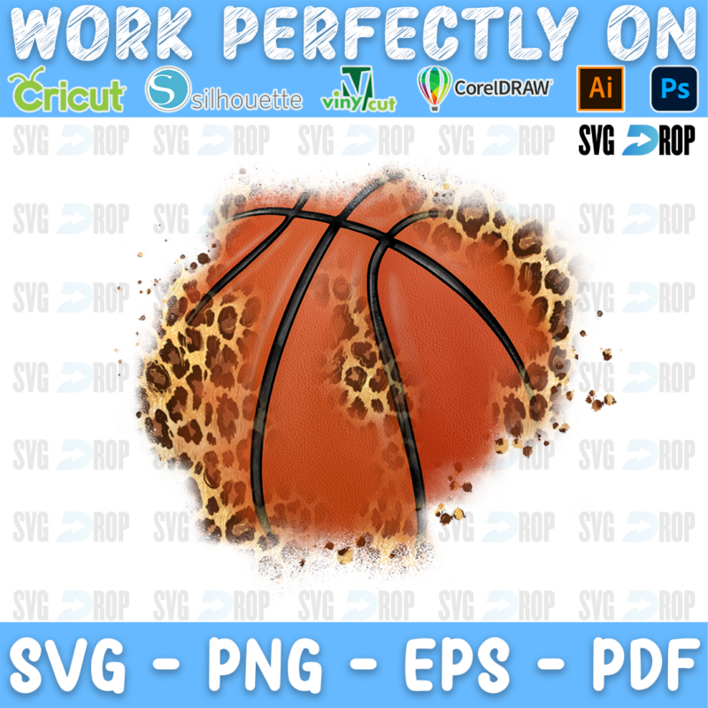 A basketball leopard patch design: a large orange basketball with leopard print along its lower edge and soft faded splatter. Sublimation PNG