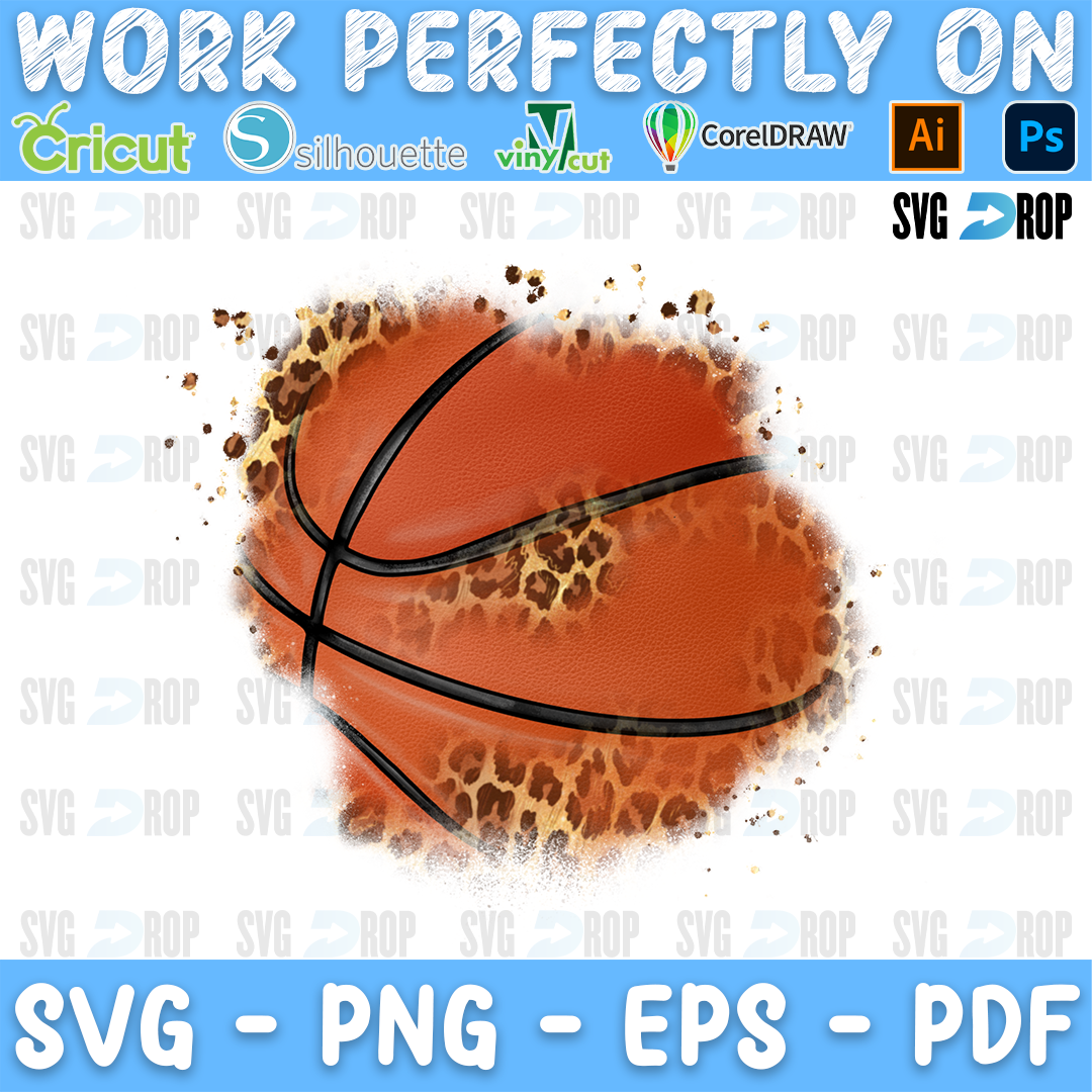 A basketball leopard patch design: a smaller tilted basketball with leopard print on the left side and scattered splatter dots. Sublimation PNG