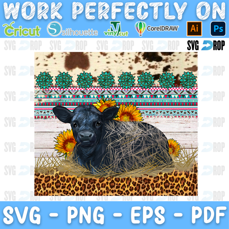 A black Angus calf lying in hay with sunflowers on Aztec, cowhide, wood and leopard panels. Sublimation PNG