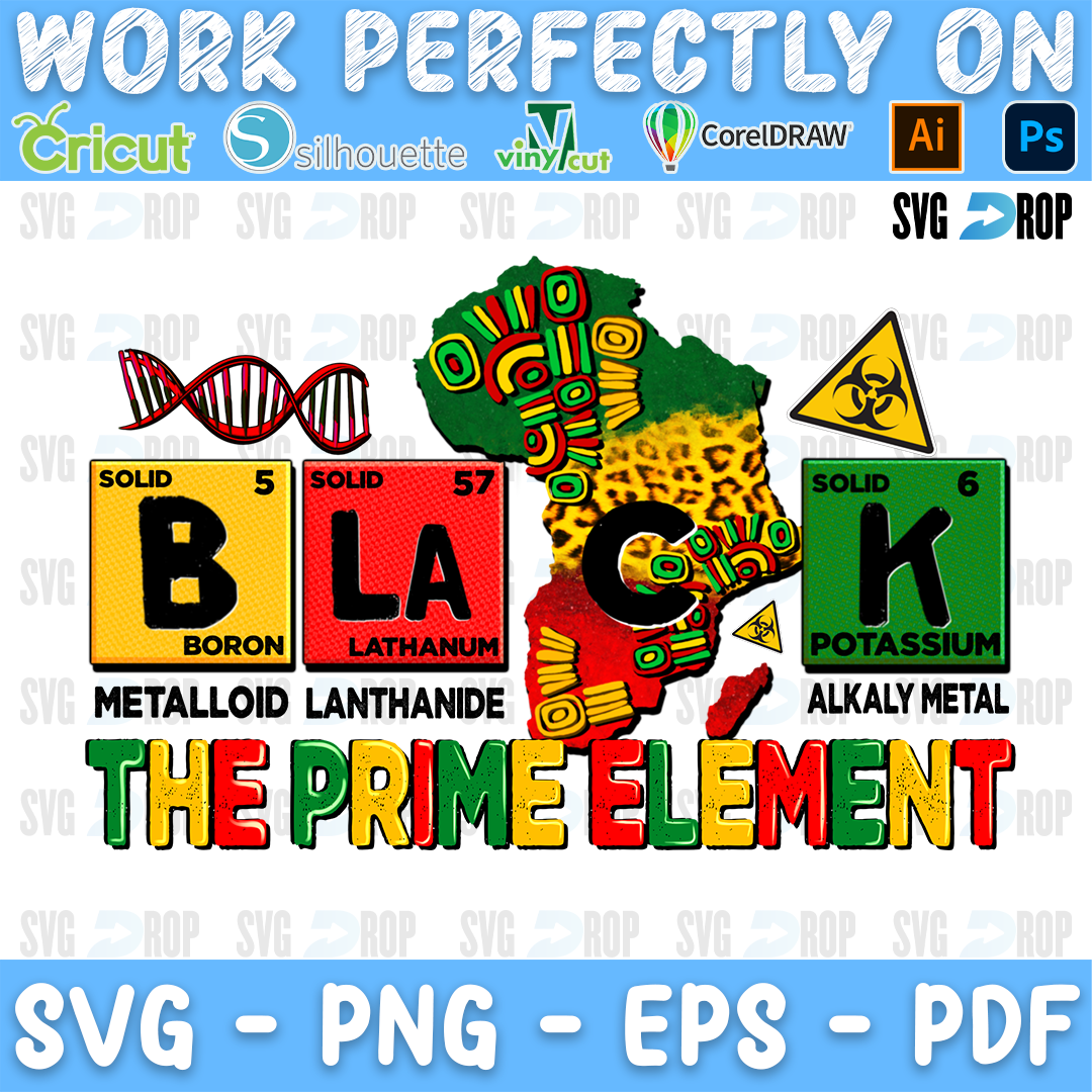 BLACK spelled in periodic table tiles over a red, yellow and green Africa map, with The Prime Element lettering. Sublimation PNG