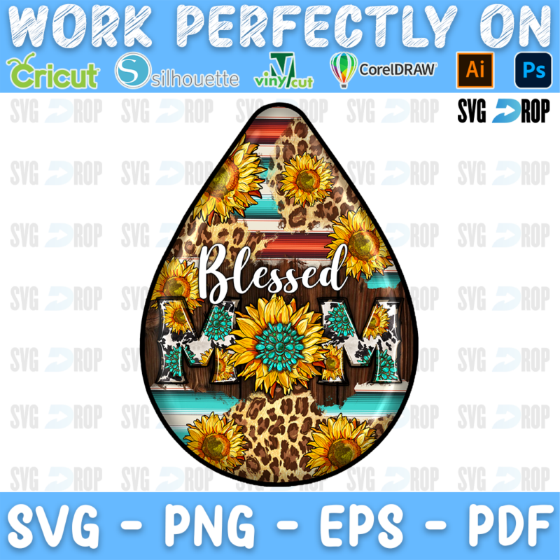 A teardrop car coaster with Blessed Mom lettering and sunflowers on serape and leopard. Sublimation PNG