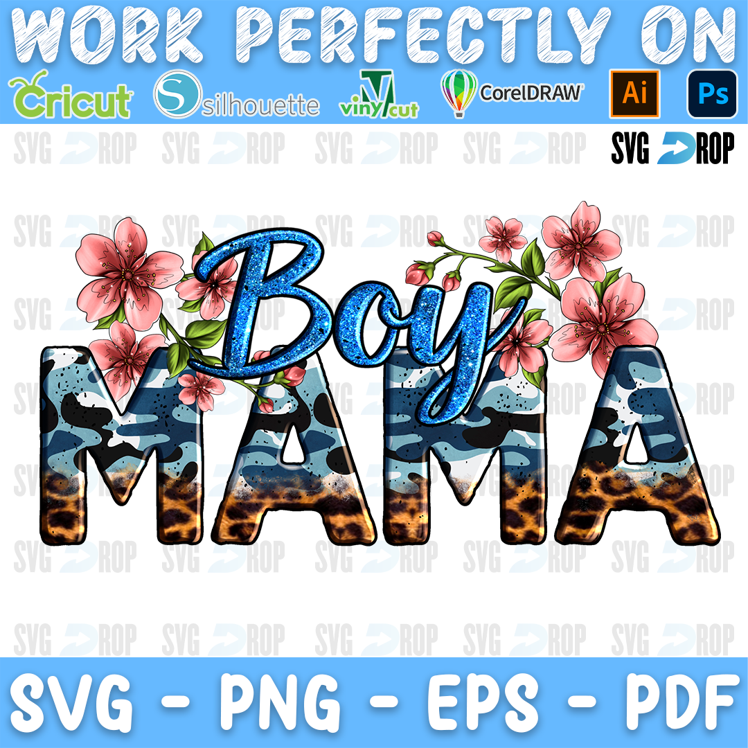 Boy Mama Blue Camo and Leopard PNG