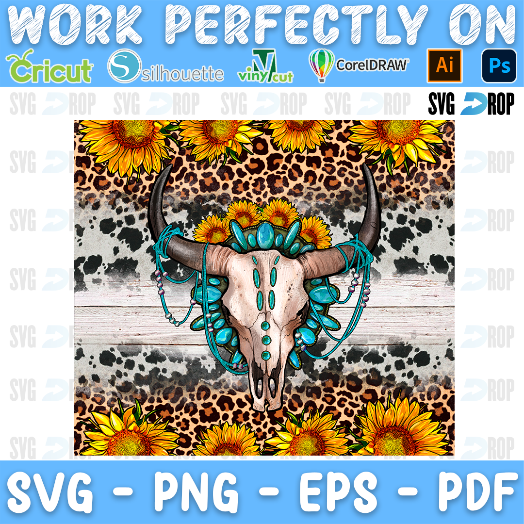 A bull skull with turquoise gemstones on leopard print, cowhide and sunflowers. Sublimation PNG
