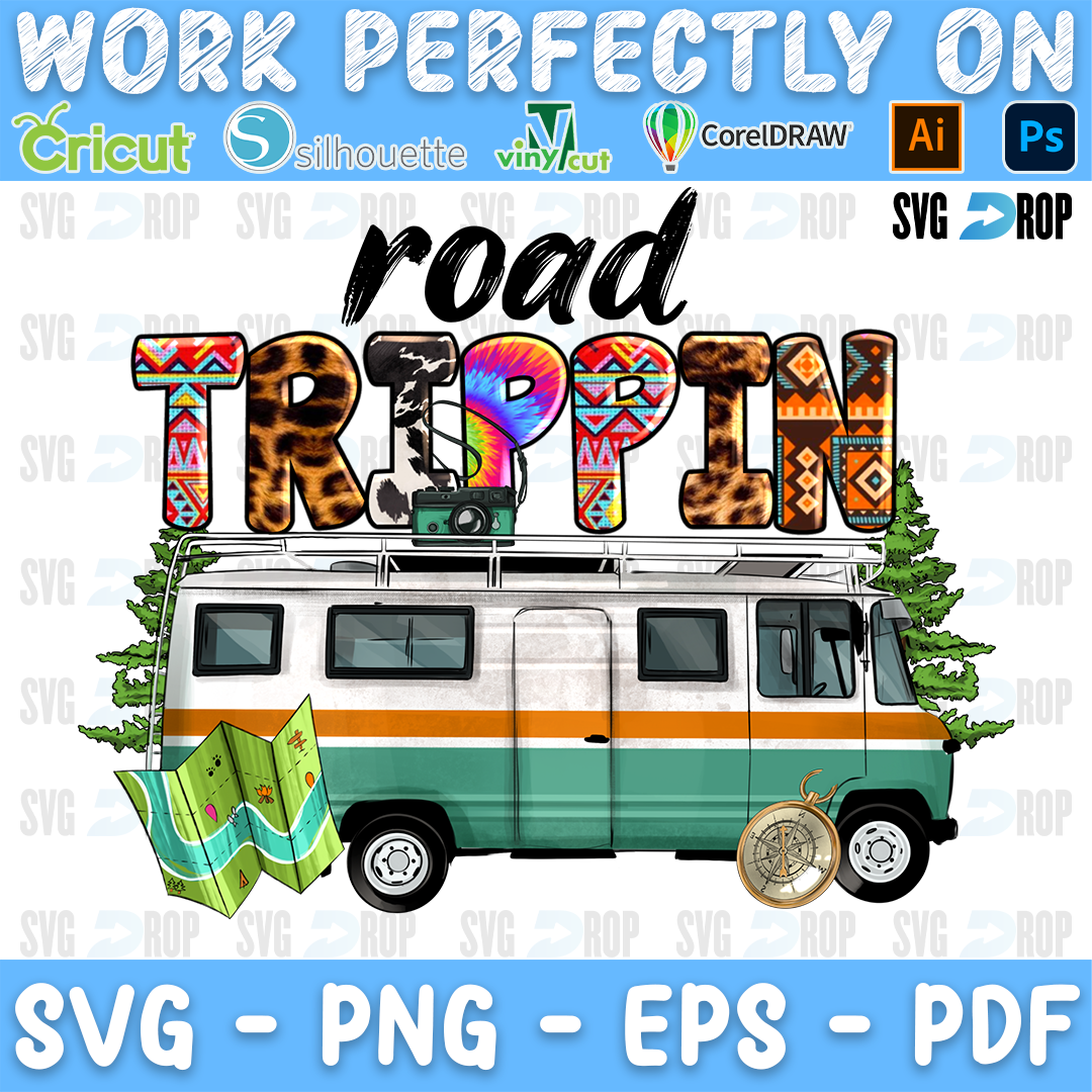Road Trippin lettering in black script and Aztec, leopard, tie dye letters over a vintage camper van with a map and a compass. Sublimation PNG