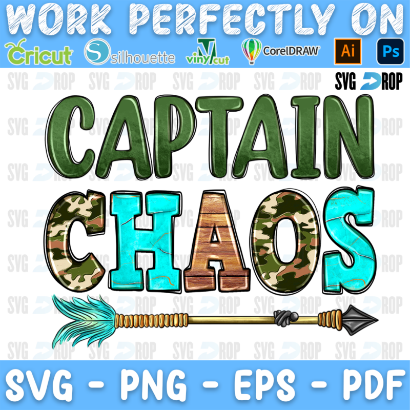 Captain Chaos lettering in green and camo, turquoise, wood, cowhide letters with an arrow. Sublimation PNG