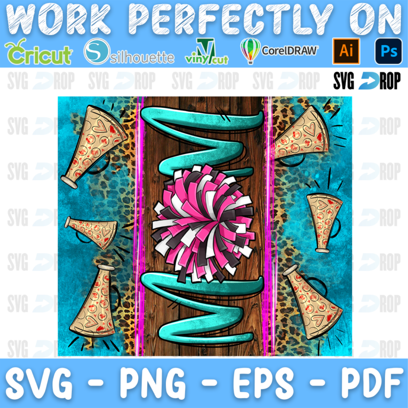 Mom lettering in turquoise letters with a pink pom pom on turquoise glitter, wood and leopard with megaphones. Sublimation PNG