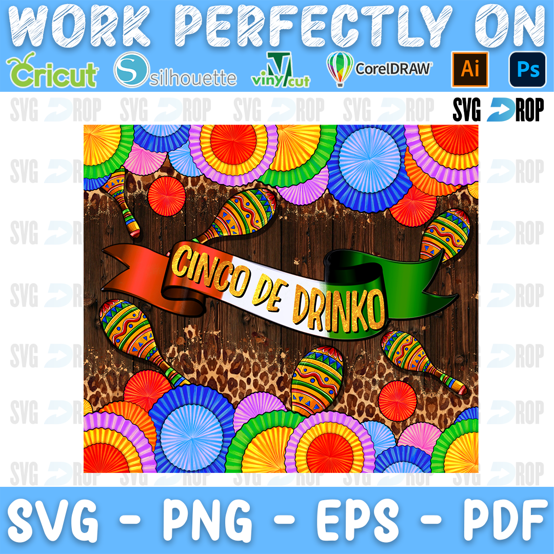 A Cinco de Mayo background design: a Cinco de Drinko banner over dark wood with colorful paper fans, maracas and leopard print. Sublimation PNG