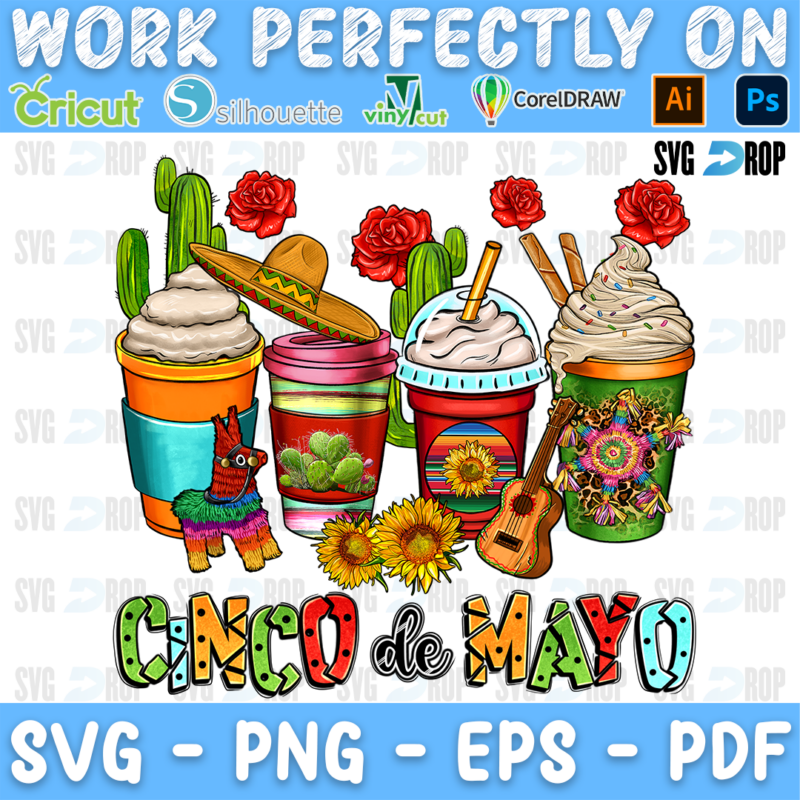 A Cinco de Mayo coffee cup design: iced coffee cups in serape colors with a sombrero, cacti, red roses, a pinata, a guitar. Sublimation PNG