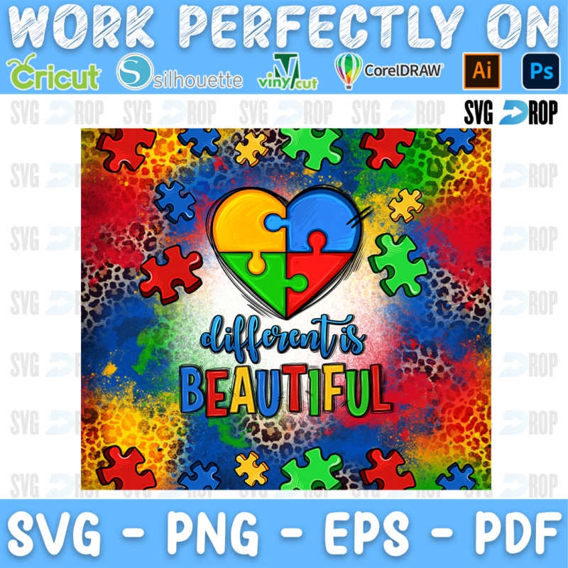 An autism awareness sublimation design: a puzzle piece heart above the words Different is Beautiful, framed by rainbow paint. Sublimation PNG