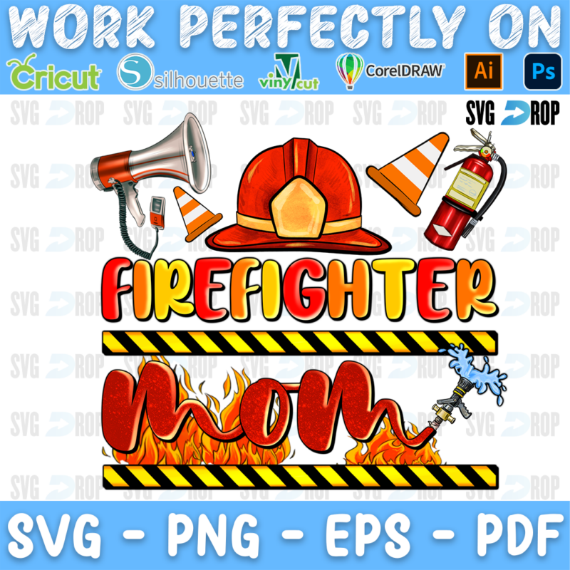 A firefighter mom design: a red helmet, megaphone, traffic cone and extinguisher above Firefighter Mom lettering with caution tape. Sublimation PNG
