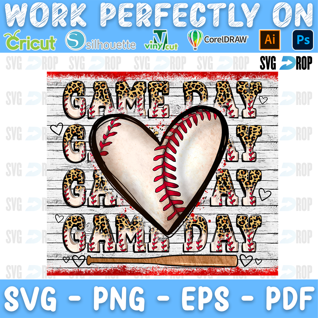 A baseball game day design: stacked Game Day lettering and a baseball shaped heart with a bat, on a white painted wood plank. Sublimation PNG