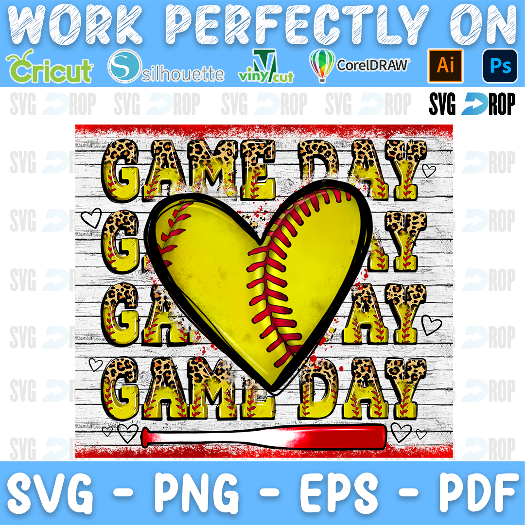 A softball game day design: stacked Game Day lettering and a yellow softball heart with a bat, on a white painted wood plank. Sublimation PNG