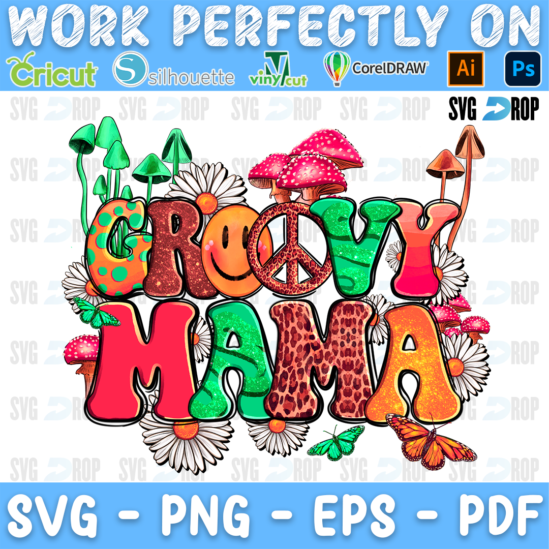 A retro mom design: Groovy Mama in pink, red and orange letters with a smiley face and a peace sign, surrounded by pink mushrooms. Sublimation PNG