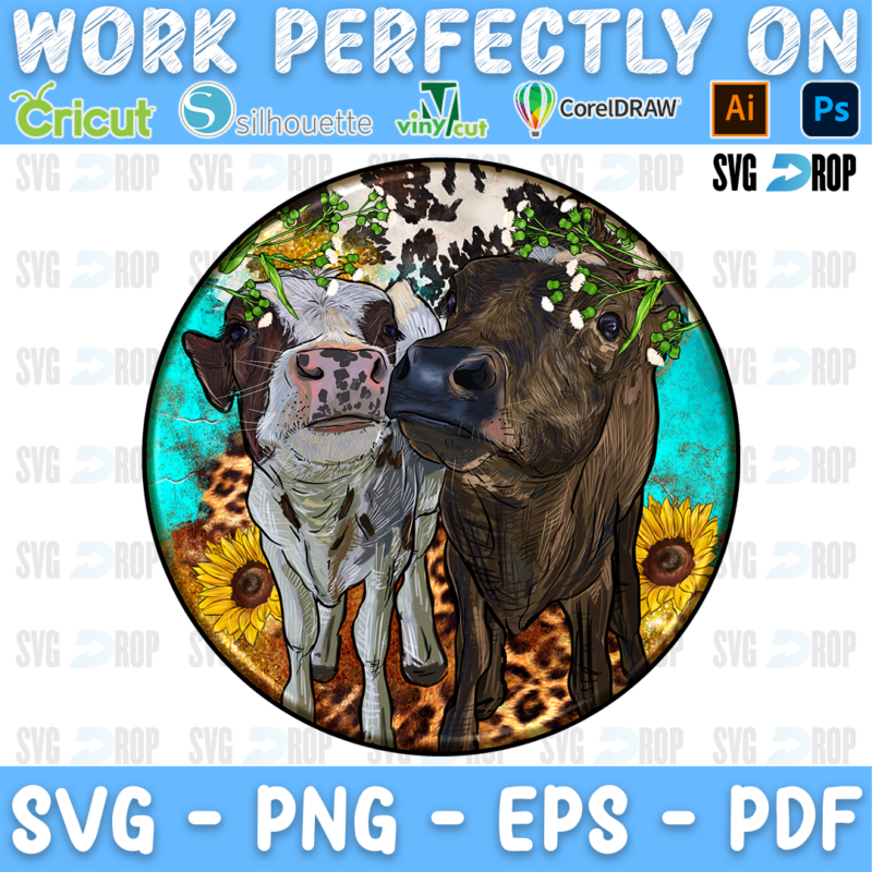 A round western heifer car coaster design: a white calf and a dark brown cow side by side with sunflowers and daisies over. Sublimation PNG