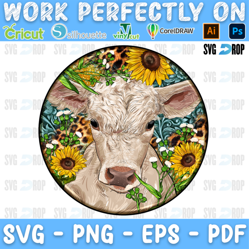 A round western heifer car coaster design: a fluffy white calf with sunflowers and daisies over a turquoise tooled leather background. Sublimation PNG