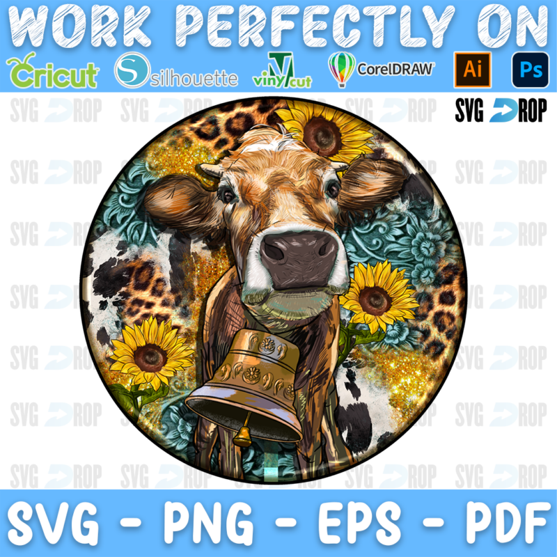A round western heifer car coaster design: a brown cow wearing a brass cow bell, framed by sunflowers, turquoise tooled leather. Sublimation PNG