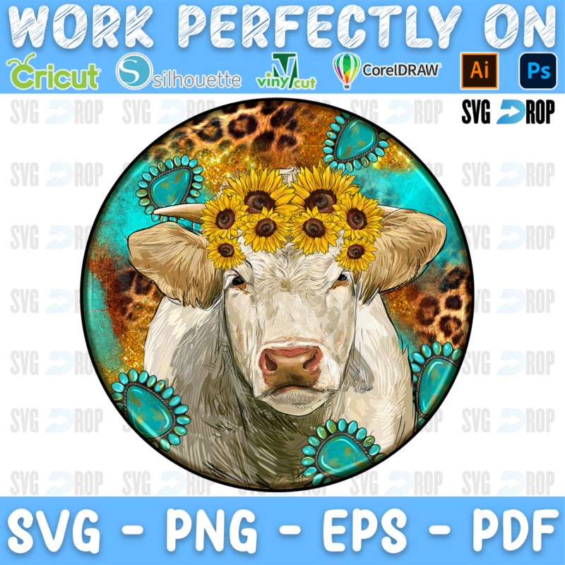 A round western heifer car coaster design: a white cow wearing a crown of sunflowers, with turquoise stones and leopard print around. Sublimation PNG