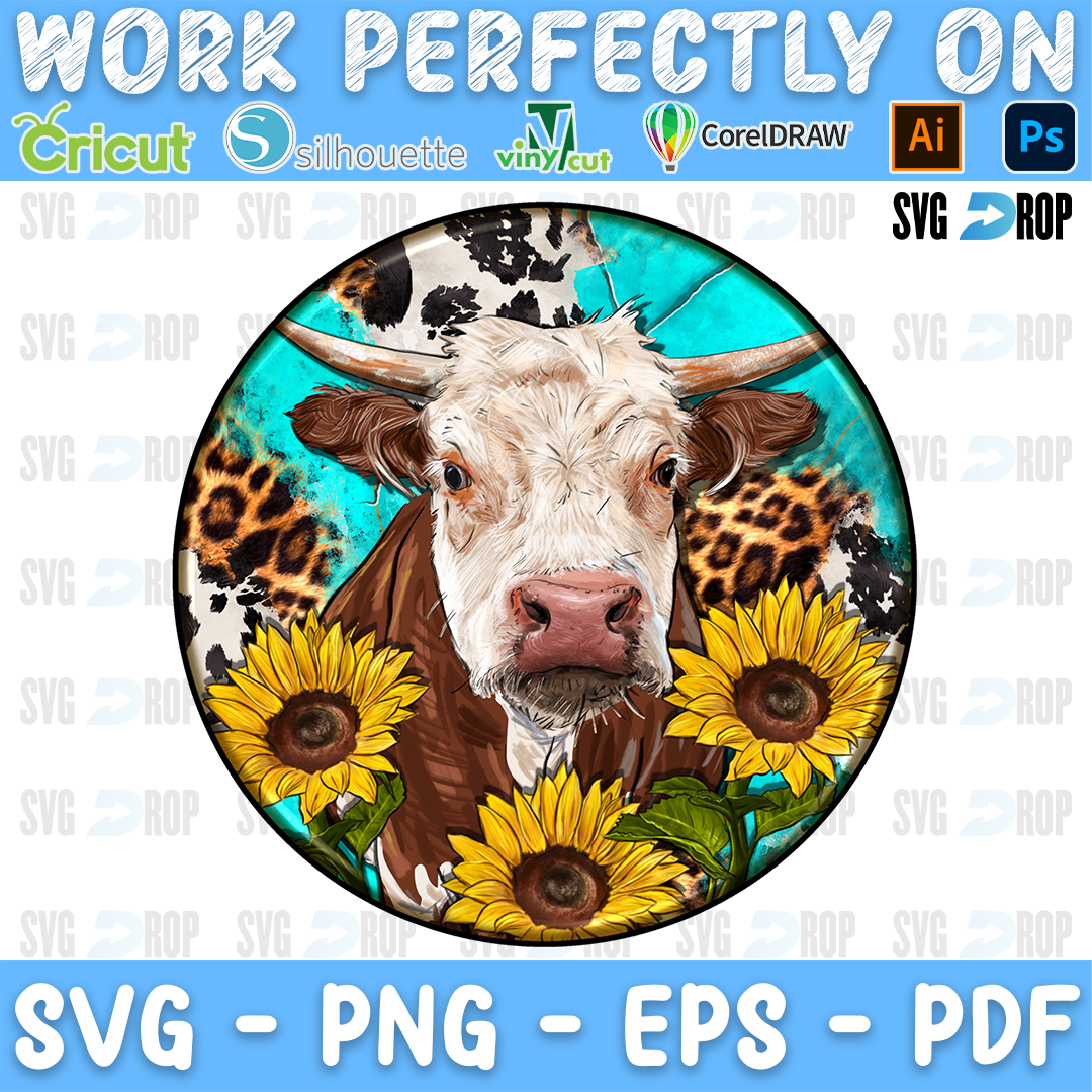 A round western heifer car coaster design: a horned red and white Hereford cow among sunflowers, with turquoise, leopard print. Sublimation PNG