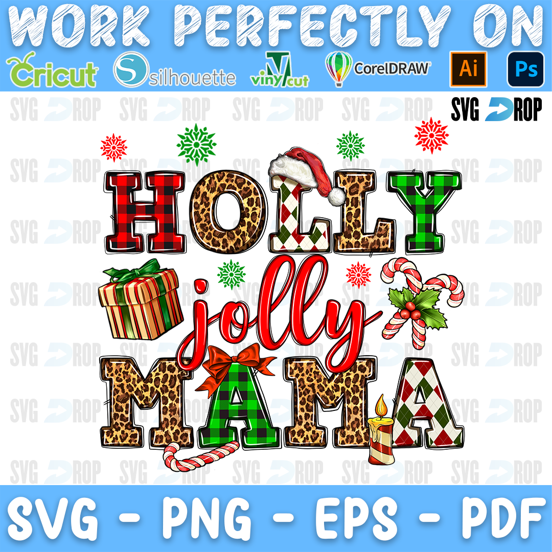 Holly Jolly Mama lettering in red plaid, green and leopard letters with red script, a Santa hat, a gift and candy canes. Sublimation PNG