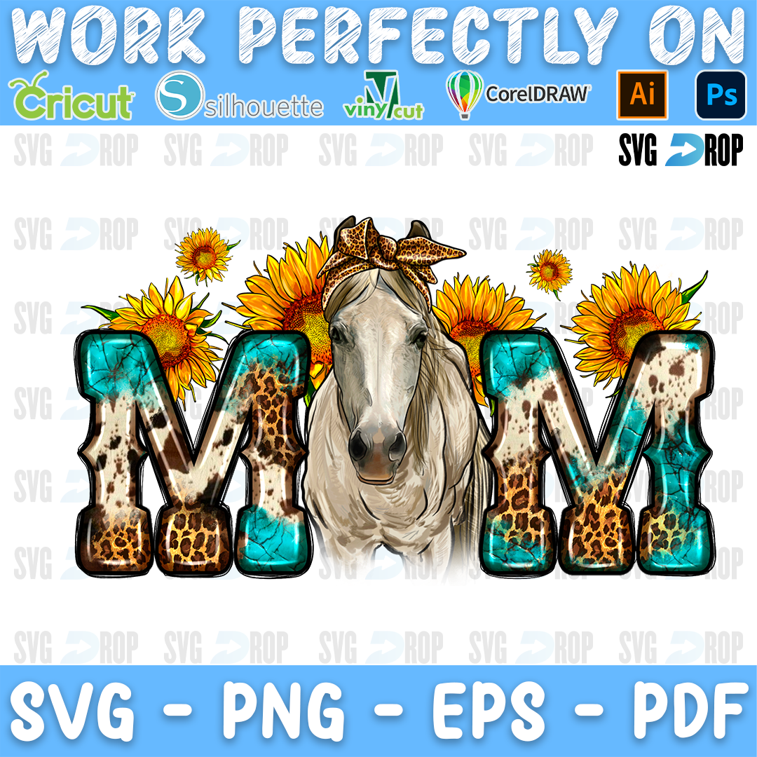 Mom lettering in turquoise, cowhide and leopard letters with a white horse in a bandana and sunflowers. Sublimation PNG