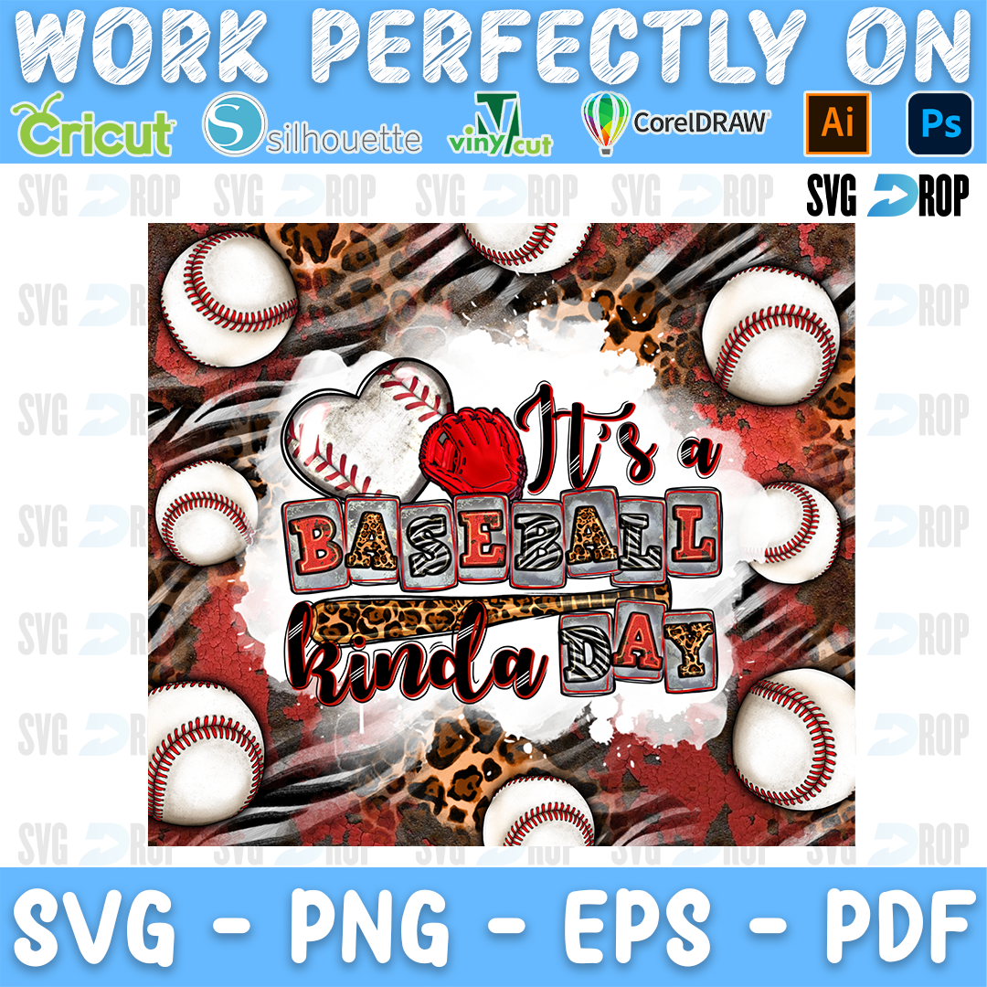 It's a Baseball Kinda Day lettering in red, leopard and gray letters over baseballs and a red leopard background. Sublimation PNG