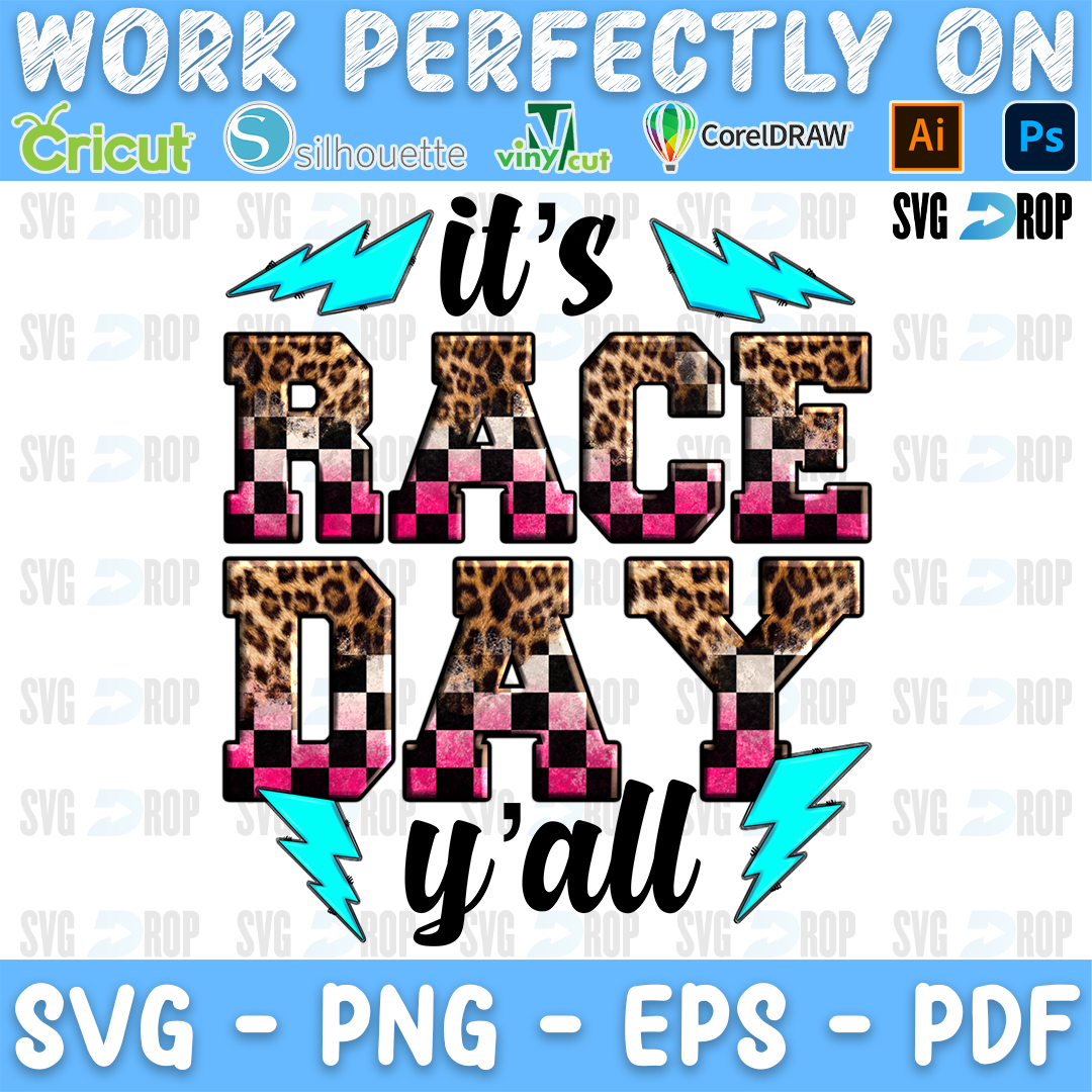 It's Race Day Y'all lettering in black script and leopard, pink checkered letters with turquoise lightning bolts. Sublimation PNG