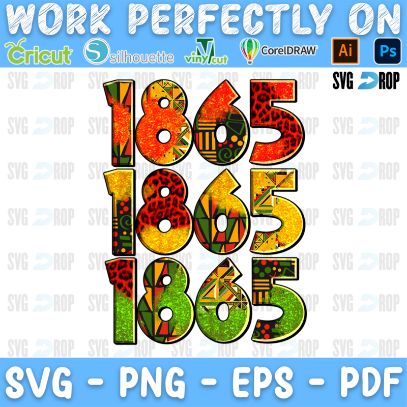 A Juneteenth design: 1865 repeated three times in stacked bold numbers filled with red, yellow and green kente patterns and leopard. Sublimation PNG
