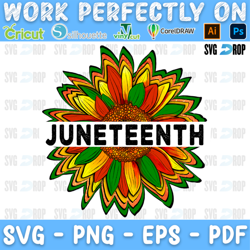 Juneteenth lettering in black letters on a red, yellow and green sunflower. Sublimation PNG