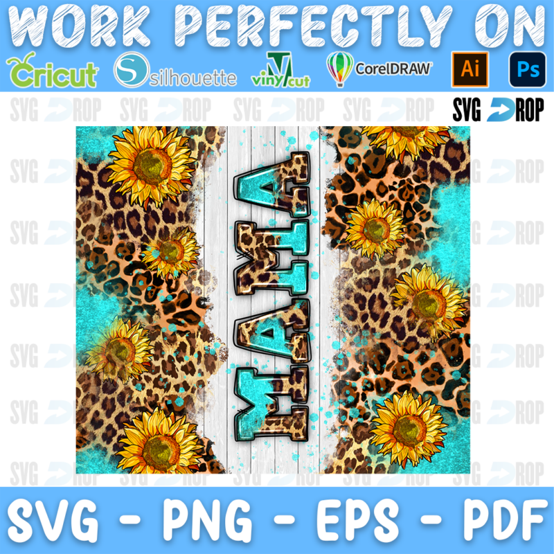 Mama lettering in vertical turquoise letters on white wood with sunflowers, leopard print and turquoise glitter. Sublimation PNG
