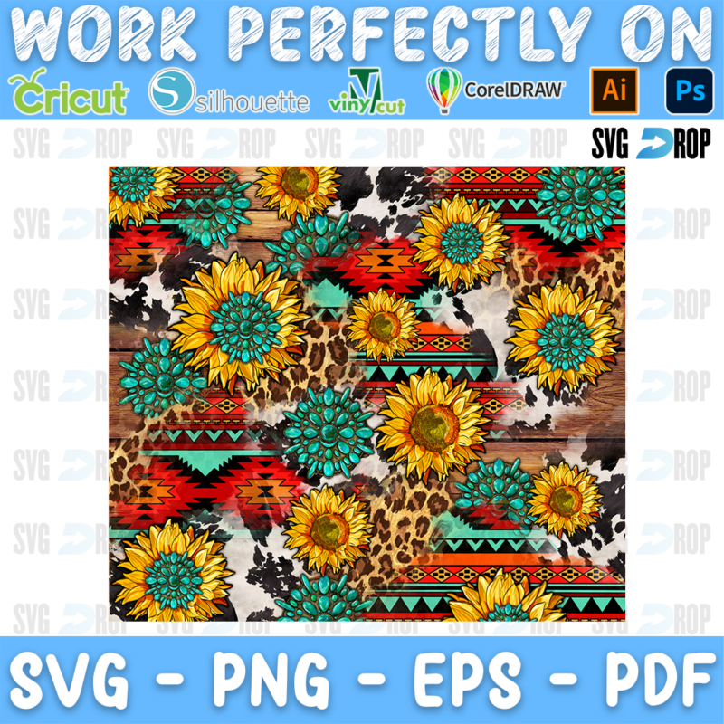 A western pattern of sunflowers, turquoise flowers, leopard print, cowhide and serape stripes. Sublimation PNG