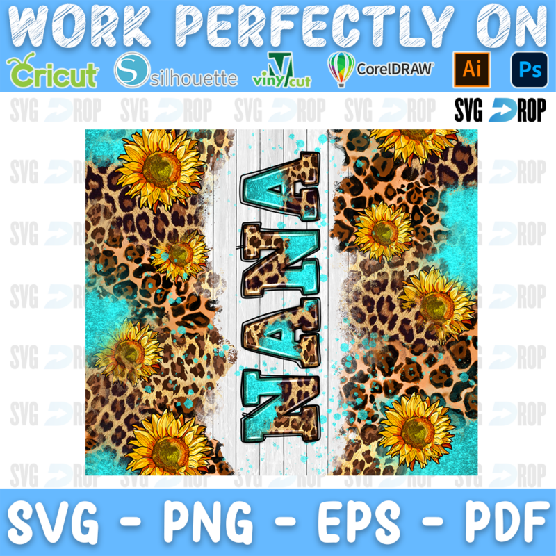 Nana lettering in vertical turquoise letters on white wood with sunflowers, leopard print and turquoise glitter. Sublimation PNG