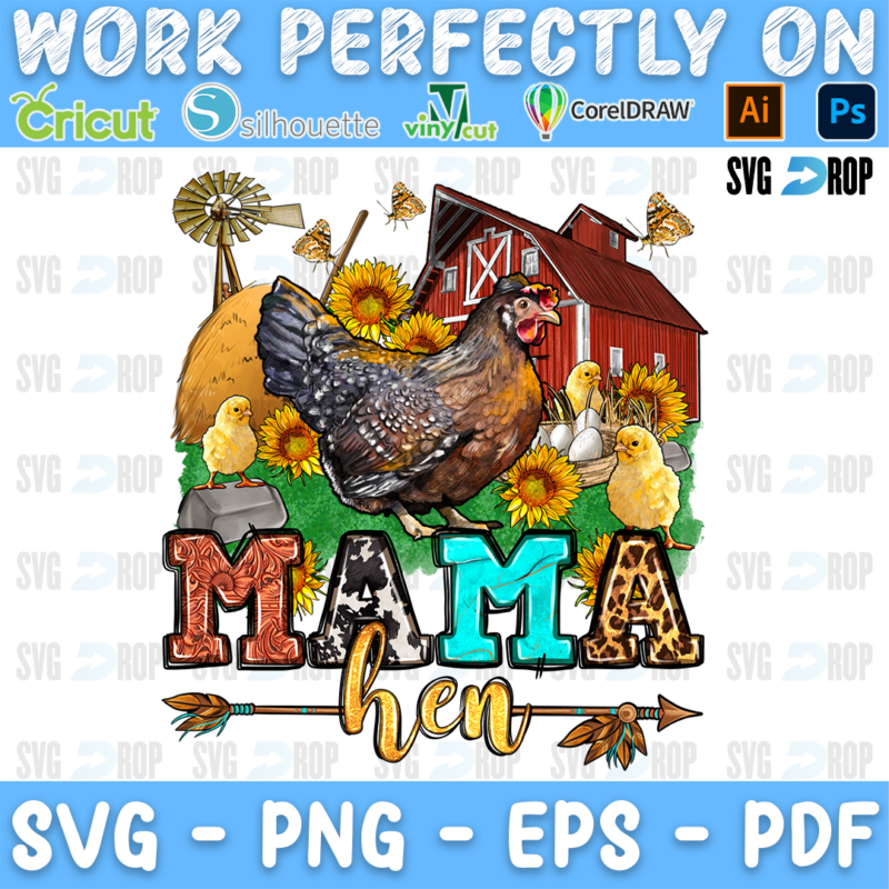 Mama Hen lettering in leopard and turquoise letters with gold script, a hen with chicks, a red barn and sunflowers. Sublimation PNG