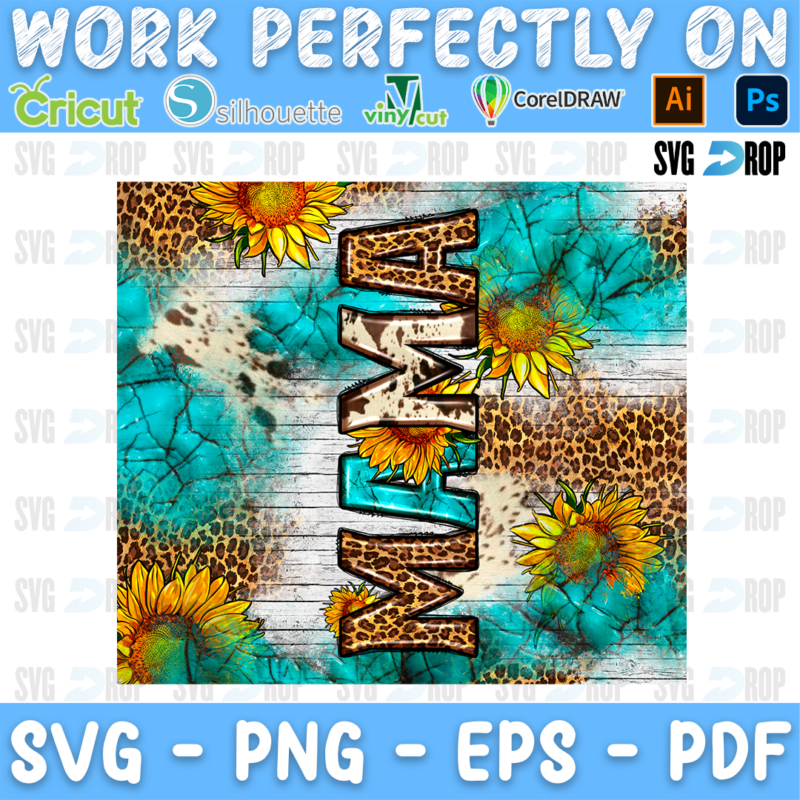 Mama lettering in vertical leopard letters on turquoise tooled leather, white wood and leopard with sunflowers. Sublimation PNG