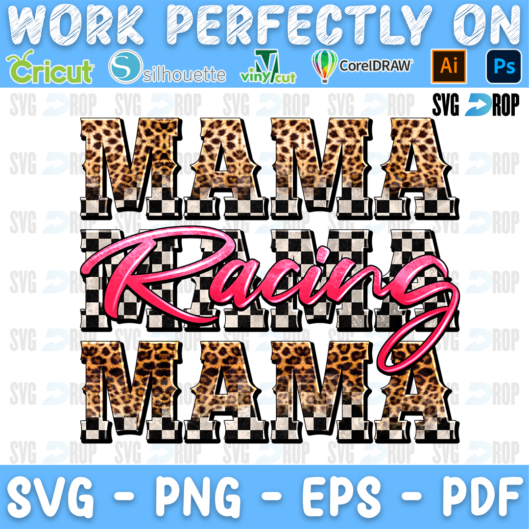 Stacked Mama lettering in leopard and checkered letters with pink Racing script. Sublimation PNG