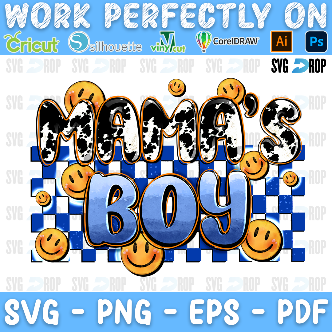 A retro mom and son design: Mama’s Boy in cowhide and blue letters over a blue checkered band with yellow smiley faces. Sublimation PNG