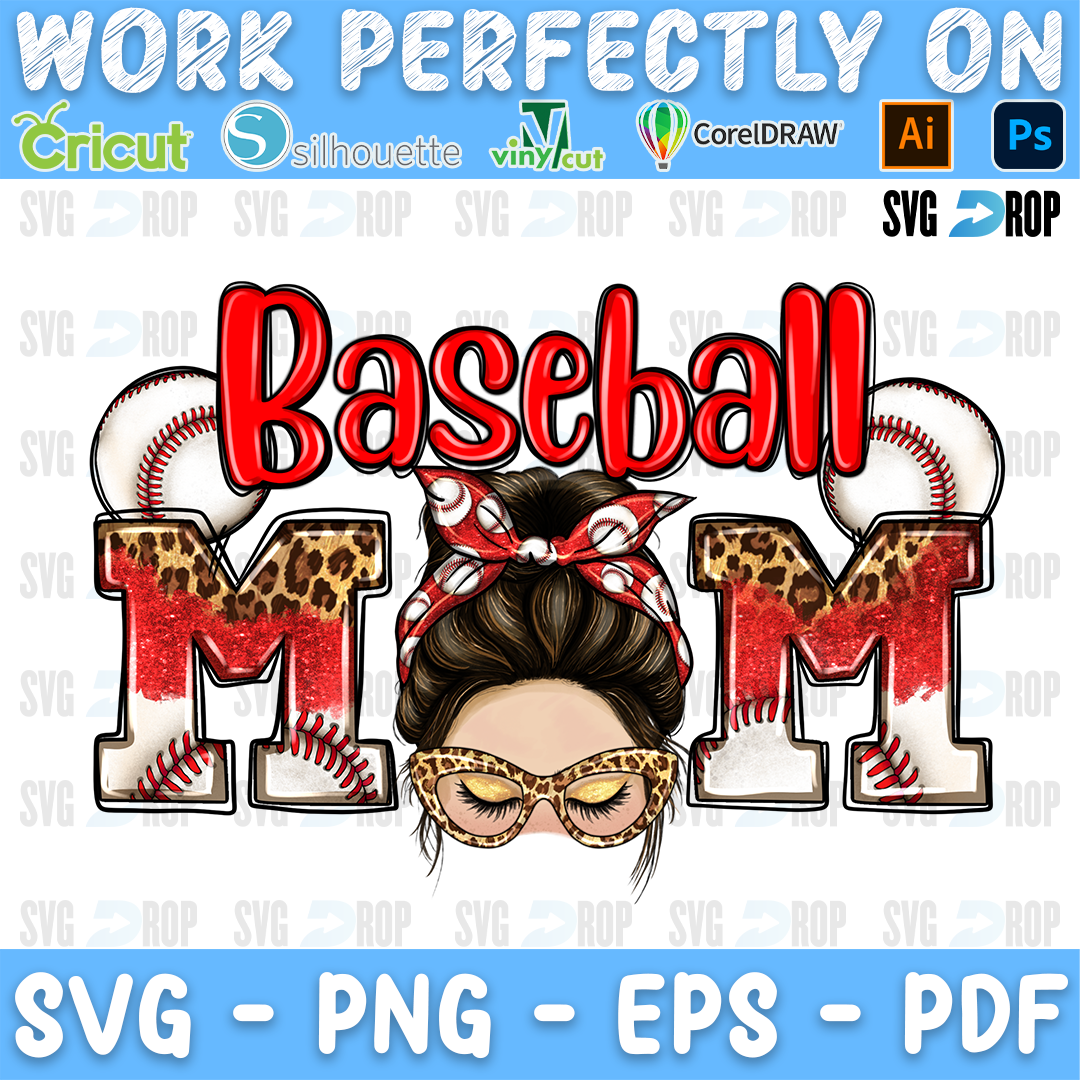 Baseball Mom lettering in red letters and baseball, leopard letters with a messy bun mom in a red bandana. Sublimation PNG