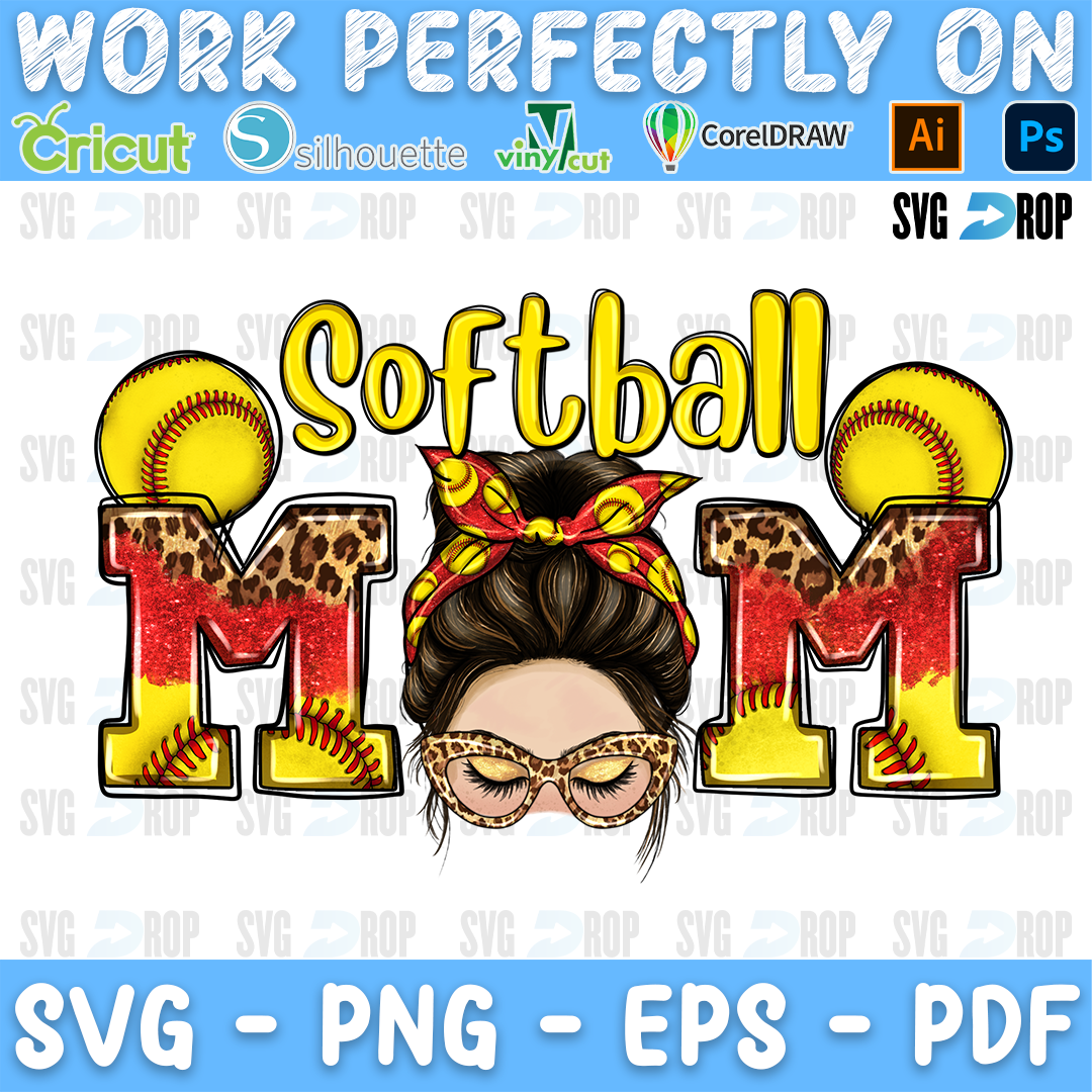 Softball Mom lettering in yellow letters and softball, leopard letters with a messy bun mom in a red bandana. Sublimation PNG