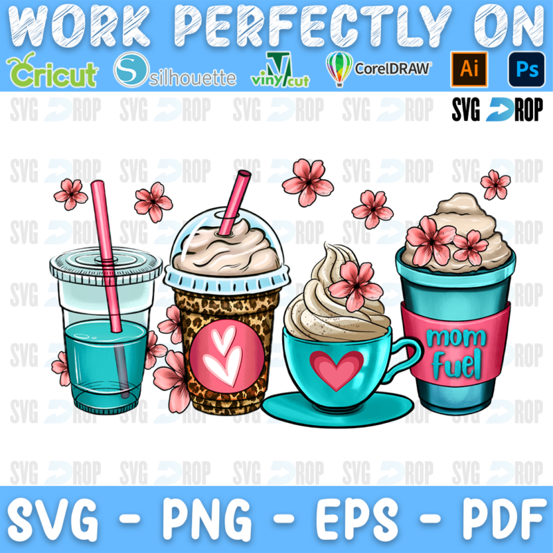Mom Fuel coffee cups in turquoise, leopard and pink with whipped cream, hearts and pink flowers. Sublimation PNG