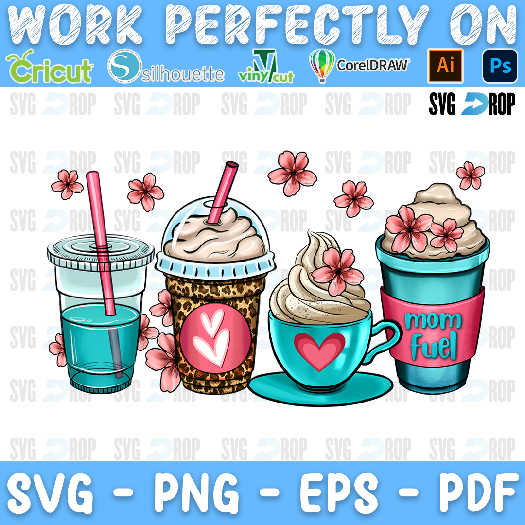 Mom Fuel coffee cups in turquoise, leopard and pink with whipped cream, hearts and pink flowers. Sublimation PNG