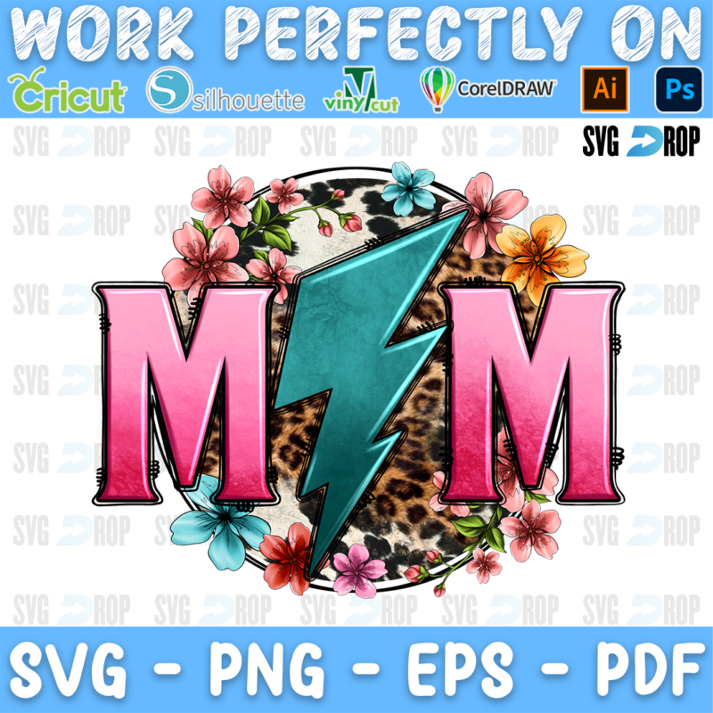 Mom lettering in pink letters with a turquoise lightning bolt on a leopard circle with pink flowers. Sublimation PNG