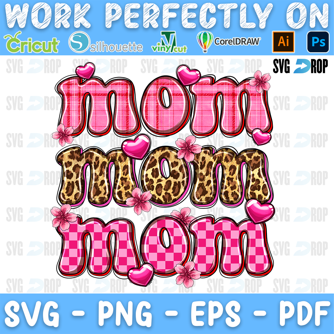 Stacked Mom lettering in pink plaid, leopard and pink checkered letters with pink hearts and flowers. Sublimation PNG
